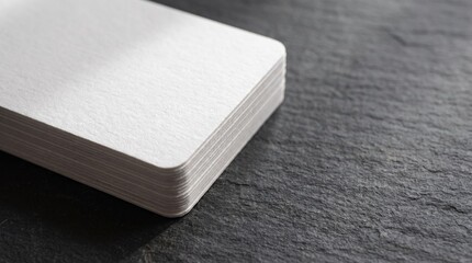 Fototapeta premium Blank White Business Card Stack Mockup on Dark Textured Stone Surface with Copy Space