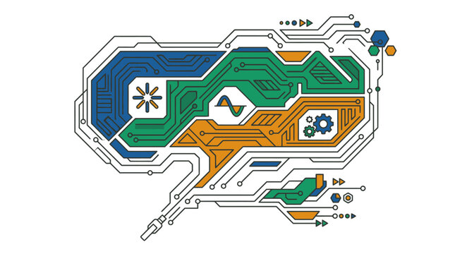 Illustrazione vettoriale stilizzata di un cervello umano composto da circuiti elettronici colorati, con icone di ingranaggi e simboli tecnologici su sfondo bianco isolato.