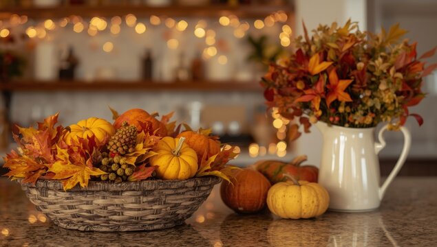 Rustic wicker basket filled with assorted autumn pumpkins and colorful fall leaves on a kitchen countertop setting