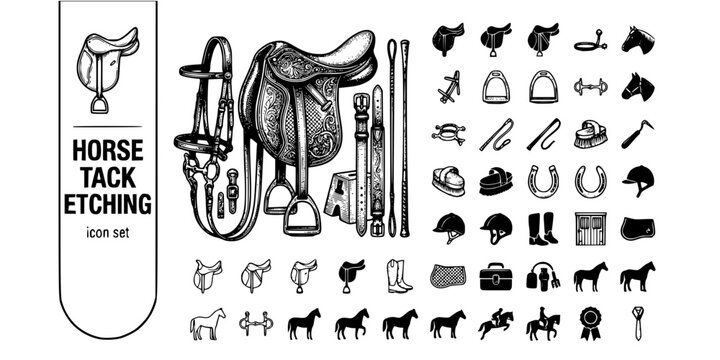 Horse Tack Collection Etching Black White-Saddle Bridle Stirrup Iron Classic-Equipment Vector-Tack Icon Etching-Equestrian Design Set