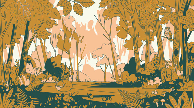 Ilustraci&oacute;n vectorial de un bosque oto&ntilde;al con &aacute;rboles, un zorro descansando, un b&uacute;ho en una rama y vegetaci&oacute;n detallada en tonos tierra, naranja y verde oscuro para dise&ntilde;o gr&aacute;fico.