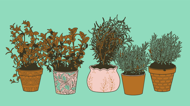 Ilustraci&oacute;n digital de cinco plantas arom&aacute;ticas en macetas decorativas sobre un fondo de color verde menta, estilo art&iacute;stico de dibujo lineal con colores planos y texturas bot&aacute;nicas.