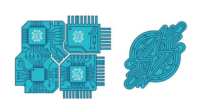 Illustrazione vettoriale piatta di microchip blu e simbolo di fulmine stilizzato con circuiti integrati su sfondo bianco, ideale per concetti di tecnologia informatica e hardware.
