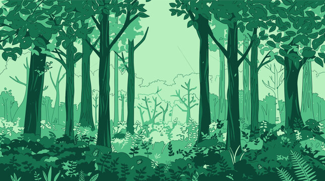 Ilustraci&oacute;n vectorial de un bosque denso con &aacute;rboles altos y follaje exuberante en tonos verdes, creando un paisaje natural sereno y tranquilo para fondos de dise&ntilde;o creativo.