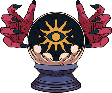 Mystical Crystal Ball with Hands and Eye Symbol Illustration