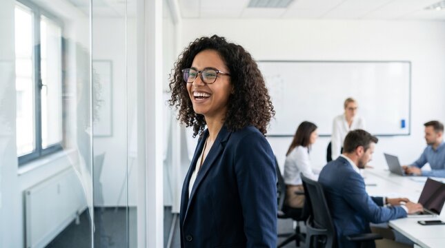 Happy professional businesswoman wearing glasses in modern office, smiling and looking away with copy space, career success and corporate opportunity concept