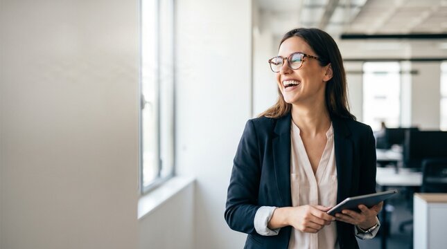 Cheerful young female executive smiling in workplace, confident businesswoman portrait with copy space for career growth and professional services
