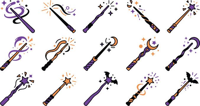 Halloween magic wand vector illustration set spooky wizarding sticks and witchcraft spell items in colors