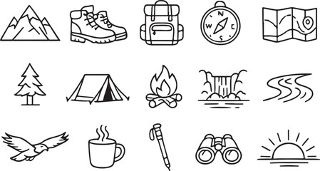 Collection of outdoor adventure icons including mountains boots backpack compass map and camping gear perfect for travel and nature themes © Muzamil