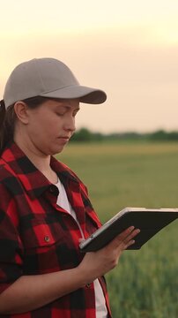 Agriculture, Woman assessing field data on tablet, Farmer integrating technology in farming, Crops analysis with electronics, Progressive farming with gadgets, Agriculture digital transformation