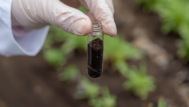 Scientist holding a glass vial filled with dark soil sample for agricultural research in a greenhouse environment