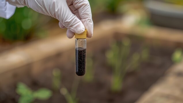 Scientist wearing white gloves holding a small glass test tube filled with dark soil sample in a garden setting