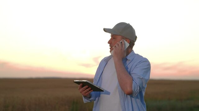 Farmer talking smartphone wheat field, male farmer worker phone sunset, hand holding digital tablet, business success industry, precision agriculture with tablet in rural landscape, field supervisor