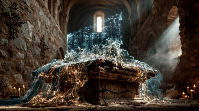 Surreal Fusion of Ancient and Digital Worlds with Glowing Energy and a Holographic Data Structure Rising Above a Cracked Wooden Altar in a Gothic Cathedral