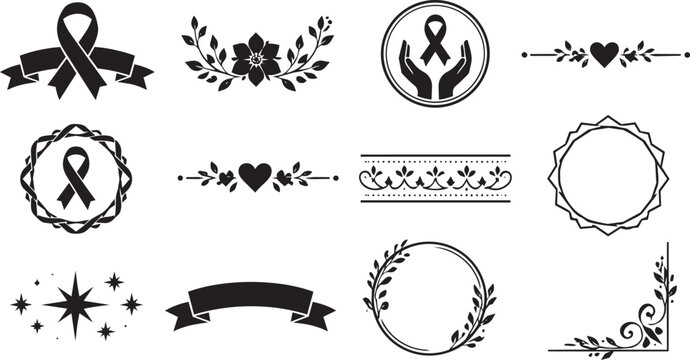Black awareness ribbon icons, decorative floral borders, and frames