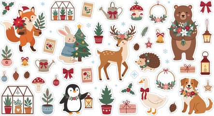 Naklejka premium Cute hand drawn christmas collection with forest animals plants and holiday decorations isolated on a white background for festive design