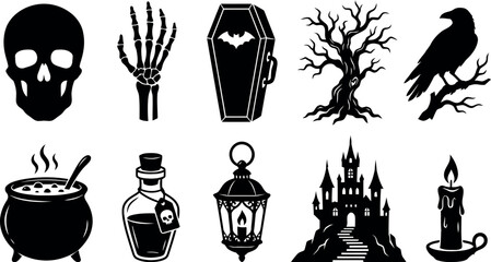 Naklejka premium Halloween spooky horror icons set for scary party decorations and seasonal events.