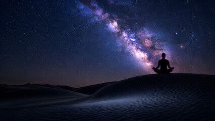 Fototapeta premium Yoga meditation in the desert at night beneath the milky way