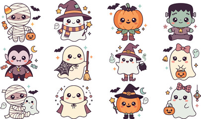 Obraz premium Set of cute kawaii halloween characters including mummy vampire ghost pumpkin witch and frankenstein monster for festive holiday sticker design projects
