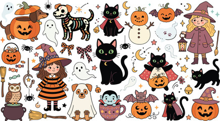 Obraz premium A collection of cute hand drawn halloween elements featuring little witches black cats pumpkins ghosts and spooky festive holiday decorations
