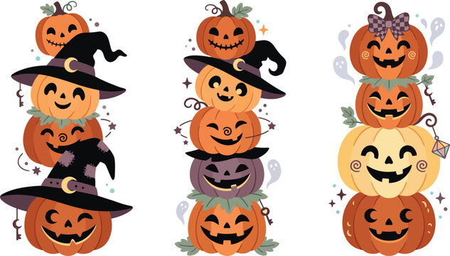 Three vertical stacks of cute smiling jack o lanterns wearing witch hats and festive decorations isolated on a white background