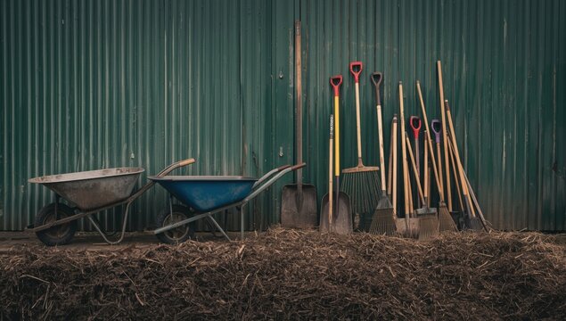 Two metal wheelbarrows and assorted gardening tools leaning against a green corrugated metal wall in a farmyard