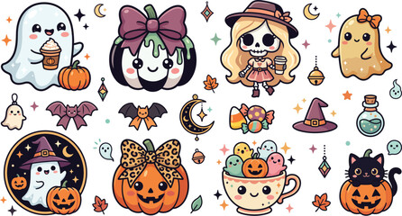 Obraz premium Cute kawaii halloween stickers set featuring ghosts pumpkins witch cat and magical elements perfect for scrapbooking and seasonal holiday party decorations
