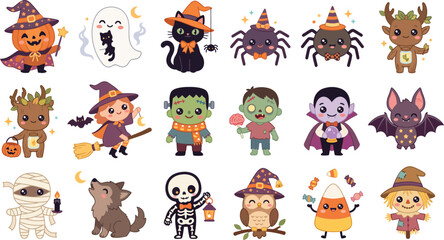Fototapeta premium A collection of cute cartoon halloween stickers featuring various spooky characters like ghosts pumpkins witches vampires and monsters on white background