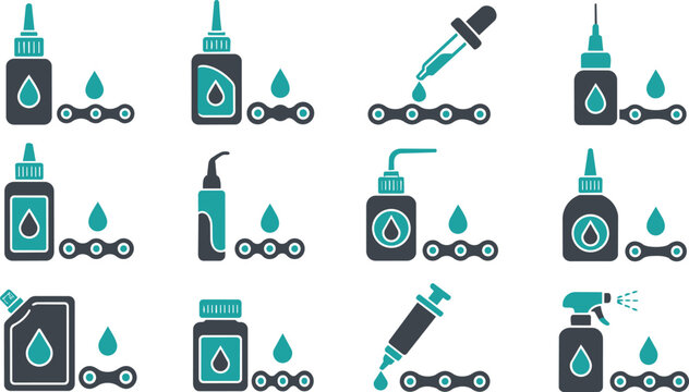 Various Lubricant Oil Bottles and Chain Maintenance Icons Set