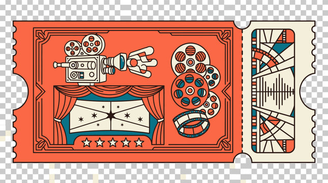 Ilustracja wektorowa biletu do kina w stylu retro z projektorem filmowym, szpulami taśmy i kurtyną teatralną na pomarańczowym tle, idealna do projekt&oacute;w związanych z rozrywką.