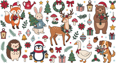 Obraz premium Cute hand drawn christmas animals collection including deer fox bear penguin hedgehog and dog with festive decorations on white background