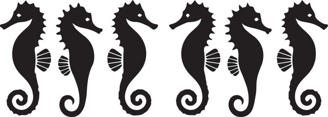 Set of black seahorse silhouettes in a row isolated on transparent background, Vector, illustration © Rijvi