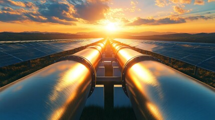 Obraz premium Sunset over solar panels and pipelines, signifying clean energy transition.