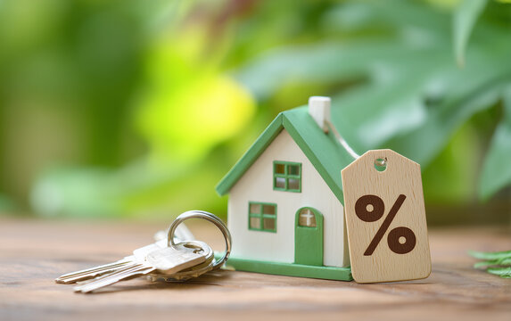 Miniature house with percentage tag symbol representing mortgage interest rates and real estate investment