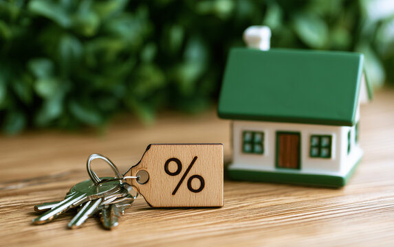 Miniature house with percentage tag symbol representing mortgage interest rates and real estate investment