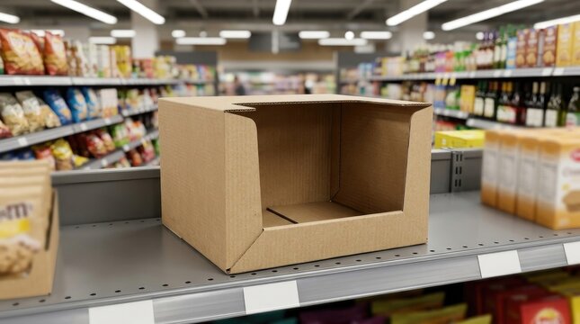 Empty shelf space in supermarket aisle out of stock and retail display opportunity