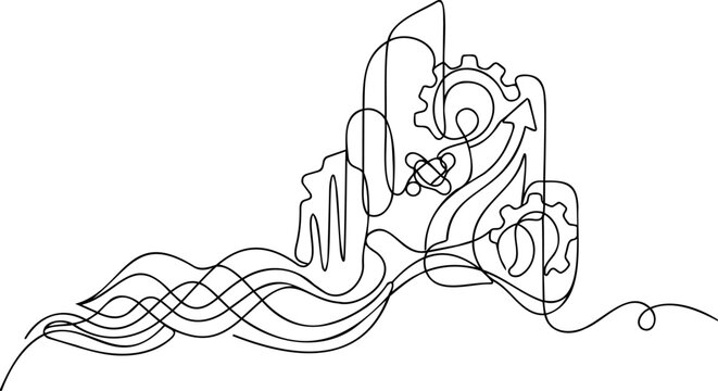 Continuous one line drawing of generic human head profile with gear and arrow for cognitive process and innovation concept vector