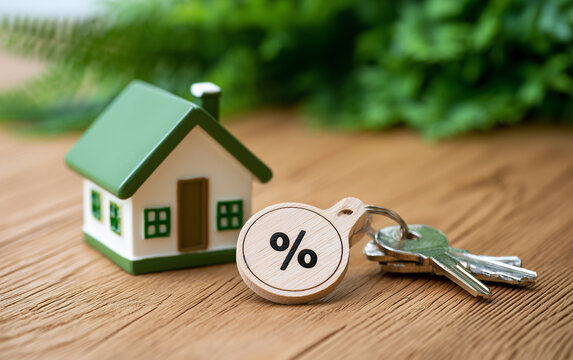 Miniature house with percentage tag symbol representing mortgage interest rates and real estate investment