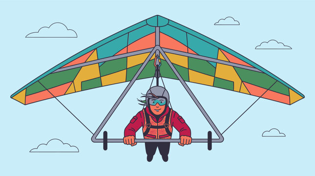 Kolorowa ilustracja przedstawiająca osobę uprawiającą lotniarstwo, szybującą wysoko na niebie z chmurami w tle, w stylu płaskiego designu z wyraźnymi liniami i żywymi barwami.