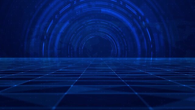 Futuristic world map grid visual blue cyber tunnel depth, circular interface rings, glowing digital floor perspective. for technology promos, network reports, broadcast titles, and motion backgrounds.