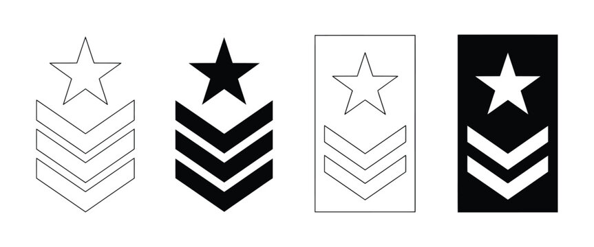 Military rank insignia icon with army sergeant chevron badges, outline and solid silhouette styles for military uniforms, armed forces and rank identification