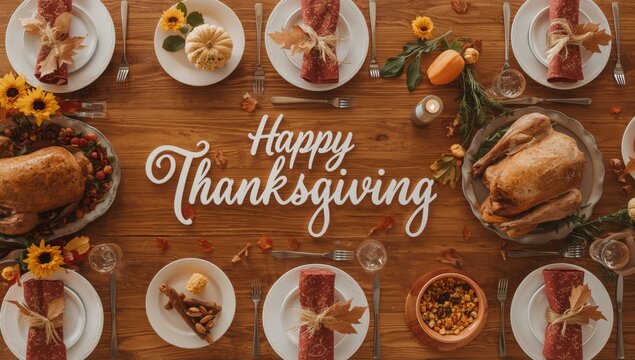 View of thanksgiving dinner table setting with roasted turkey and festive decorations on rustic wooden background