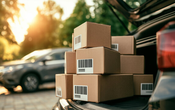 Stacked cardboard boxes being loaded into a vehicle for delivery or moving, outdoor setting