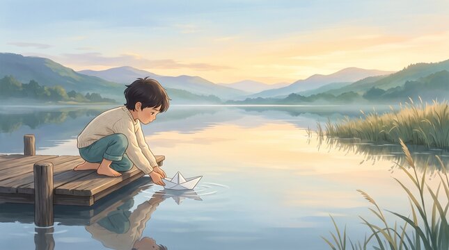 A Boy Launches Paper Boat on Calm Lake &ndash; Childhood Memory