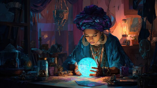 Fortune teller using magic, A man with a long beard gazes into a crystal ball