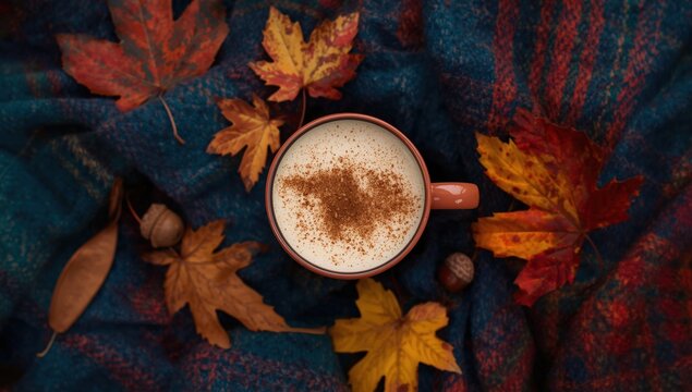 Warm cup of coffee with cinnamon sprinkles surrounded by colorful autumn maple leaves on a soft plaid blanket