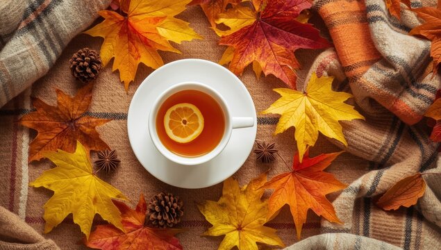 Warm cup of tea with lemon slice on plaid blanket surrounded by colorful autumn leaves and pinecones flat lay view