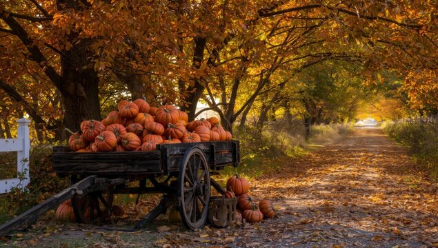 Vintage wooden cart filled with ripe pumpkins on a quiet country road surrounded by autumn forest trees