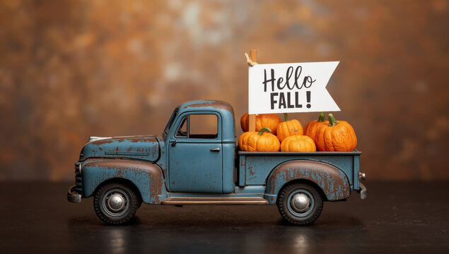 Weathered blue miniature pickup truck loaded with pumpkins and a hello fall sign for autumn seasonal decor