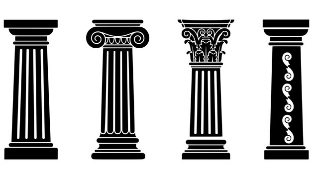 Set of four classical Greek and Roman architectural columns featuring Doric, Ionic, Corinthian, and decorative spiral pillar designs as black vector silhouettes.